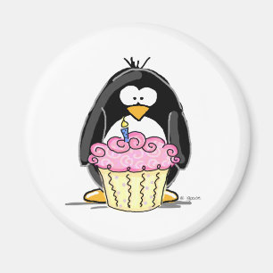 Aimant Pingouin d'anniversaire avec le petit gâteau