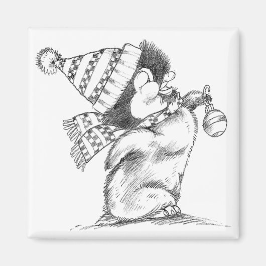 Aimant Pingouin de Noël rétro mignon avec Casquette et Éc (Devant)