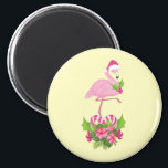 Aimant Pink Flamingo in Santa Hat Whimsical Christmas<br><div class="desc">A magnet with a tropical themed Christmas flamingo wearing a pink santa hat. Underneath its feet is a candy cane bouquet with pretty tropical flowers and pink berries. A sprig of holly on its chest.</div>
