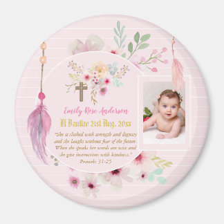 Aimant Pink Floral BAUTIZO Baptême Bible Verse Photo Girl