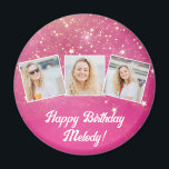 Aimant Pink Sparkle Photo Collage Filles Anniversaire<br><div class="desc">Des pétillants roses décorent ces mignons collages photo personnalisés magnets de fête d'anniversaire pour une femme,  une adolescente ou une petite fille qui aime les cadeaux étincelants. Cadeau d'anniversaire heureux personnalisé avec 3 photos sur un arrière - plan girly rose chaud.</div>