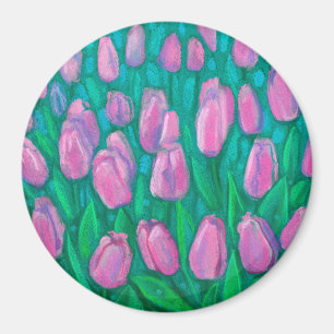 Aimant Pink Tulips Field, Spring Flowers Floral Painting