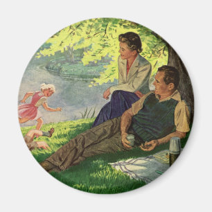 Aimant Pique-nique familial vintage amusant sous un arbre