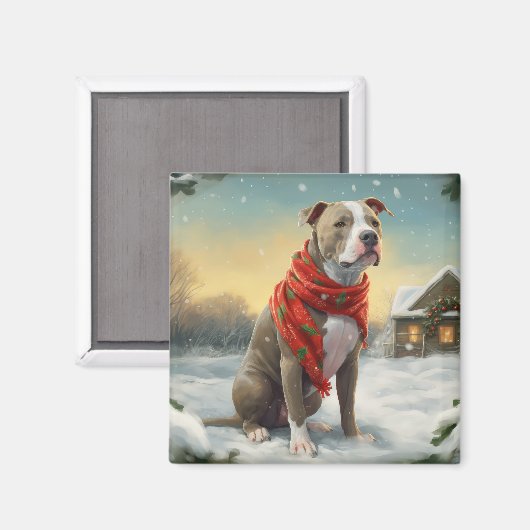 Aimant Pitbull Chien dans Noël de neige (Recto/Verso)