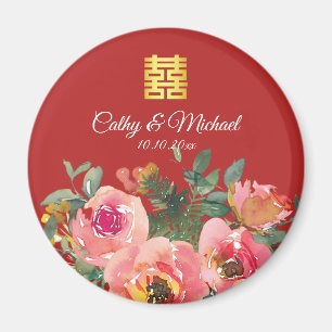 Aimant Pivoine double bonheur floral mariage chinois roug