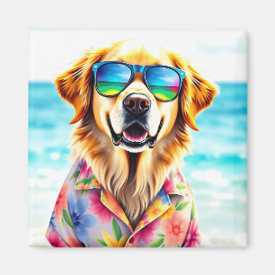 Aimant Plage prêt Golden Retriever en aquarelle été
