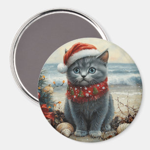 Aimant Plage Vintage de Noël de chat bleu russe
