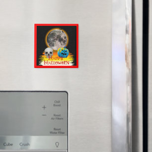 Aimant Pleine lune, crâne et Citrouille bleu la nuit.