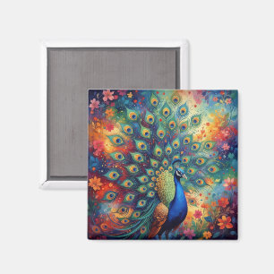 Aimant Plumes et fleurs de paon colorés