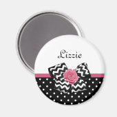 Aimant Points noirs mignons Rose rose Chevron Bow et nom (Recto/Verso)