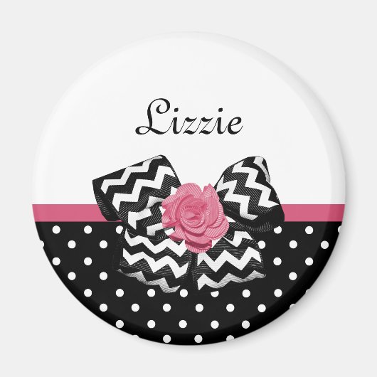Aimant Points noirs mignons Rose rose Chevron Bow et nom (Devant)
