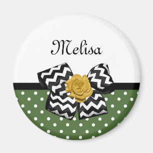 Aimant Points verts mignons Rose jaune Chevron Bow et nom
