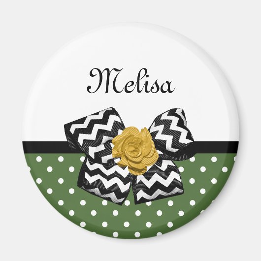 Aimant Points verts mignons Rose jaune Chevron Bow et nom (Devant)