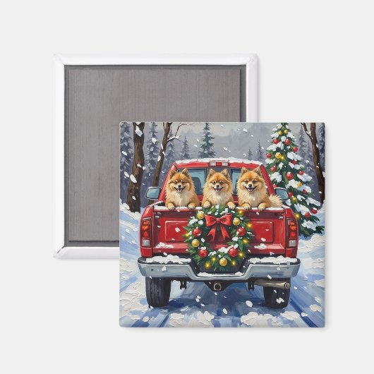 Aimant Pomeranian Christmas Red Truck Holiday Gift (Recto/Verso)