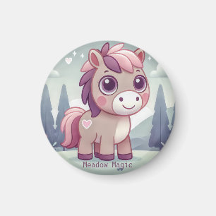 Aimant Poney rose et violet dans la forêt
