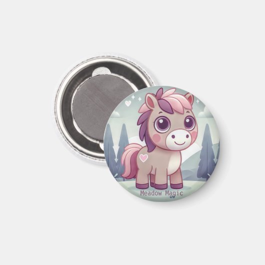 Aimant Pony rose et violet en forêt (Recto/Verso)