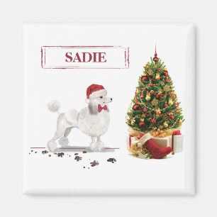 Aimant Poodle blanc Funny Chien de Noël avec arbre