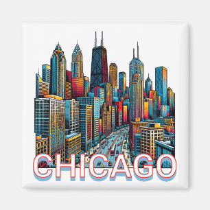 Aimant Pop art Comic Book Art Chicago Illinois Skyline