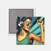 Aimant Pop Art Woman dans les casques danser (Recto/Verso)