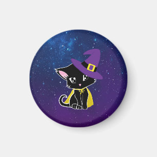 Aimant Porte-clés Chaton Noir Sorcier sous les Étoiles