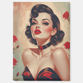 Aimant Portrait Brunette Pin Up Red Roses