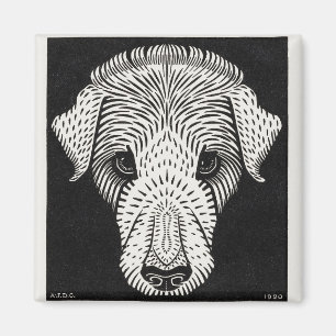 Aimant Portrait de chien en gravure sur bois Art Nouveau