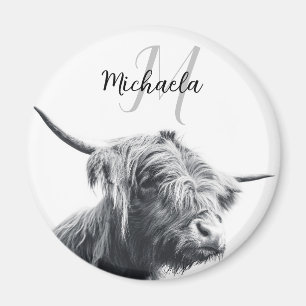 Aimant Portrait de vache Highland premier monogramme noir