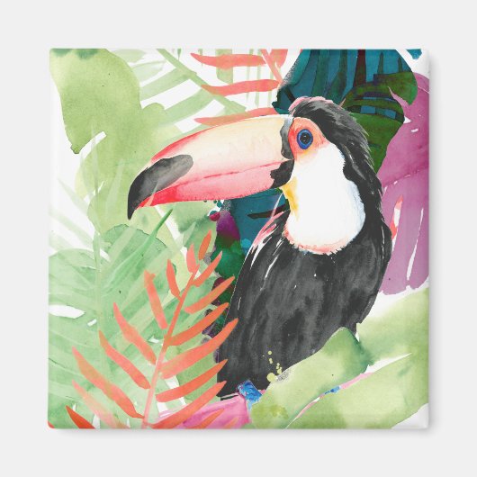 Aimant Portrait toucan avec Feuilles tropicaux (Devant)