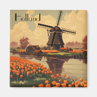 Poster Vintage voyage de Hollande, tulipes et moul