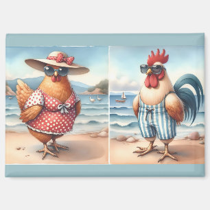 Aimant Poulets en maillots de bain en bord de mer