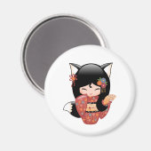 Aimant Poupée Kitsune Kokeshi - Fille Black Fox (Recto/Verso)