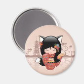 Aimant Poupée Kitsune Kokeshi - jolie fille Black Fox (Recto/Verso)