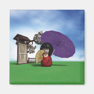 Aimant Poupée Kokeshi Japonaise Art Cerisier en Fleur