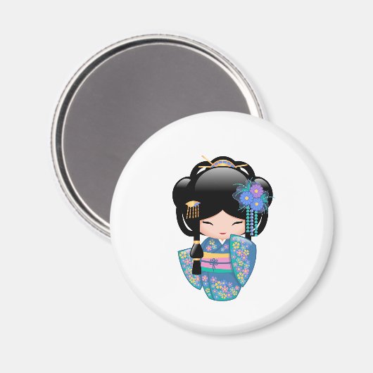 Aimant Poupée Kokeshi Keiko - Fille Geisha en Kimono Bleu (Recto/Verso)
