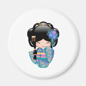 Aimant Poupée Kokeshi Keiko - Fille Geisha en Kimono Bleu (Devant)