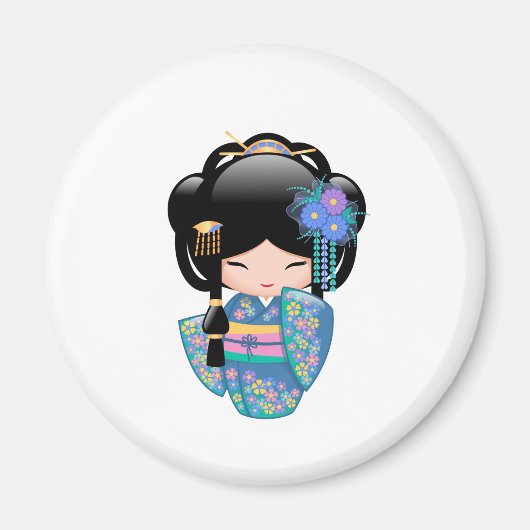 Aimant Poupée Kokeshi Keiko - Fille Geisha en Kimono Bleu (Devant)