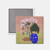 Aimant Poupée kokeshi mignonne avec cerisier fleuri (Recto/Verso)