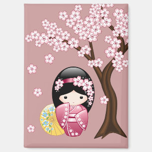 Aimant Poupée Kokeshi Printemps - Cute Geisha Japonais en
