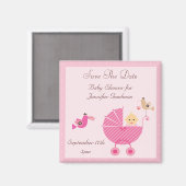 Aimant Poussette Rose & Oiseaux Enregistrer Le Baby showe (Recto/Verso)