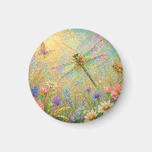 Aimant Prairie iridescente de libellules avec papillon