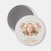 Aimant Première Communion fille photo Floral or rose orch (Recto/Verso)