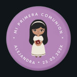 Aimant Première Communion Hispanique Fille Mi Primera Com<br><div class="desc">Une première conception de communion pour une Latina (fille hispanique) avec texte en espagnol. Au centre, il y a un dessin animé plat d'une mignonne brune avec de longs cheveux noirs et de grands yeux, en robe blanche, avec une bible à la main, prête pour la première communion. Autour, comme...</div>