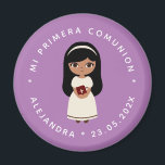 Aimant Première Communion Hispanique Fille Mi Primera Com<br><div class="desc">Une première conception de communion pour une Latina (fille hispanique) avec texte en espagnol. Au centre, il y a un dessin animé plat d'une mignonne brune avec de longs cheveux noirs et de grands yeux, en robe blanche, avec une bible à la main, prête pour la première communion. Autour, comme...</div>
