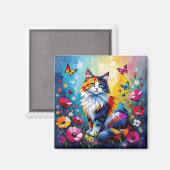 Aimant Pretty Colorful Impasto Cat and Flowers (Recto/Verso)