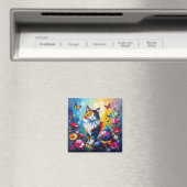 Aimant Pretty Colorful Impasto Cat and Flowers (In Situ (Lave-vaisselle))