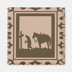 Aimant Prier Cowboy Avec Cheval À Croix