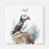 Aimant Puffin sur une aquarelle rocheuse, personnalisé (Devant)