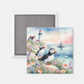 Aimant Puffins by the Sea - Ocean Flowers & Lighthouse (Recto/Verso)