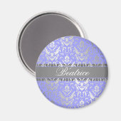 Aimant Purple Faux Shimmer Argent Damask avec votre nom (Recto/Verso)