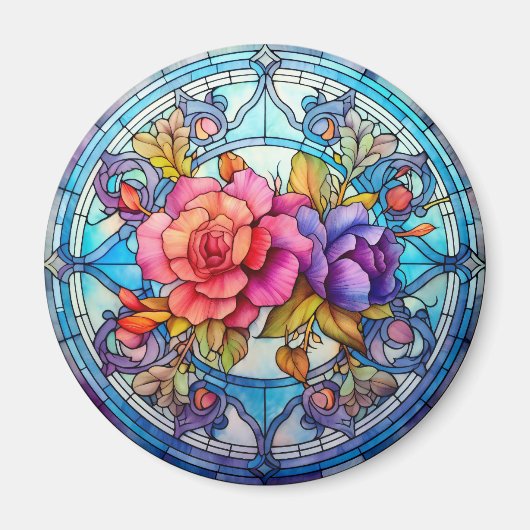 Aimant Purple & Pink Rose Floral Faux Stained-Glass (Devant)